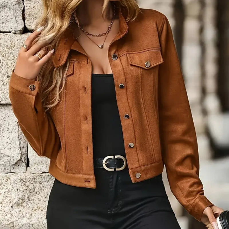 Chaqueta corta de gamuza sintética con cuello alto — Abrigo corto vintage / Abrigo de otoño