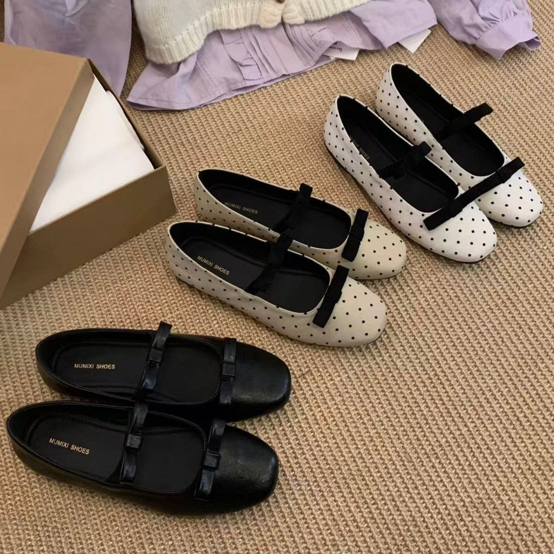Women Vintage Polka Dot Double Bow Knot T Strap Mary Jane Flats, Soft Square Toe Non Slip Casual Daily Wear Sweet Ballet Shoes