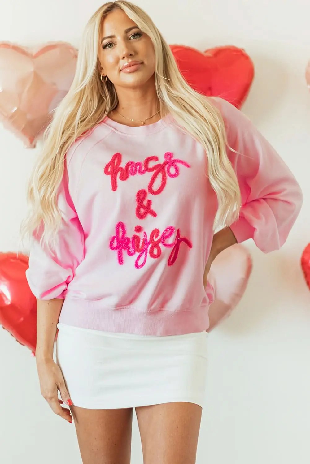 Love Salve Women's Embroidered Sweatshirt Pink Raglan Crew Neck