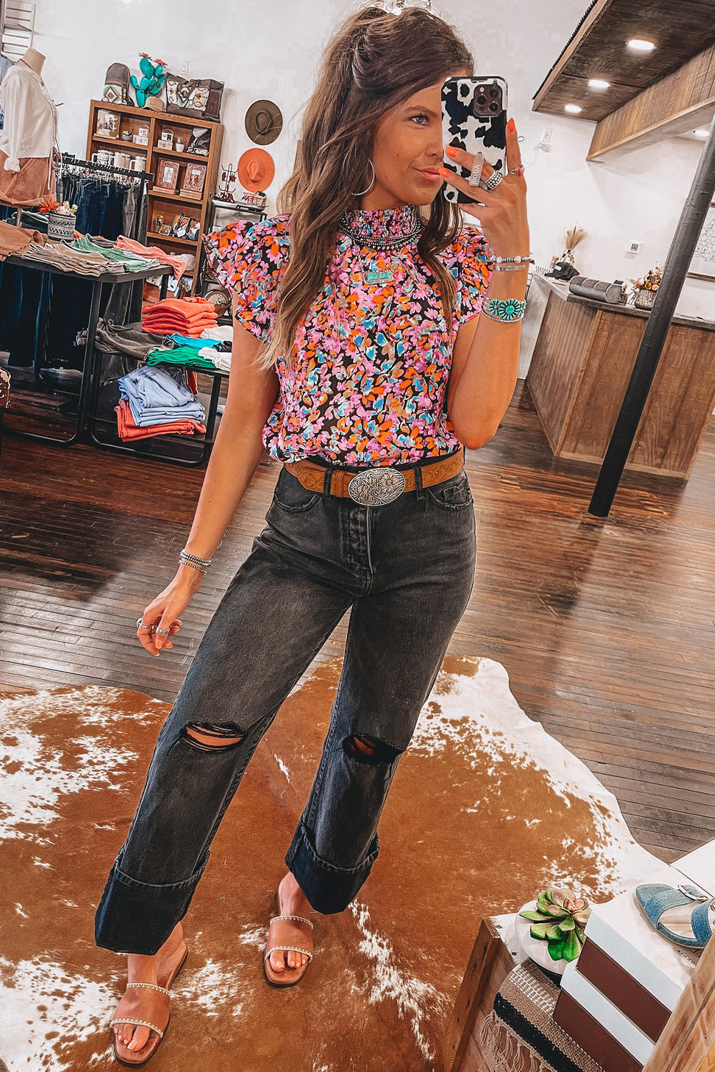 Orange Floral Print Shirred Stand Neck Flutter Shoulder Blouse