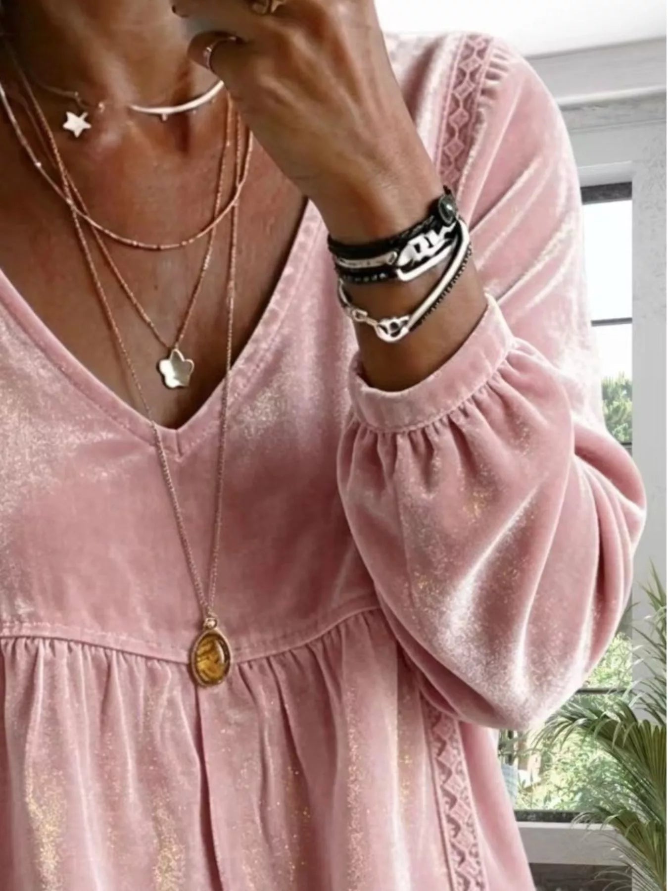 Full Size Velvet Lace Detail V-Neck Blouse Plus Size