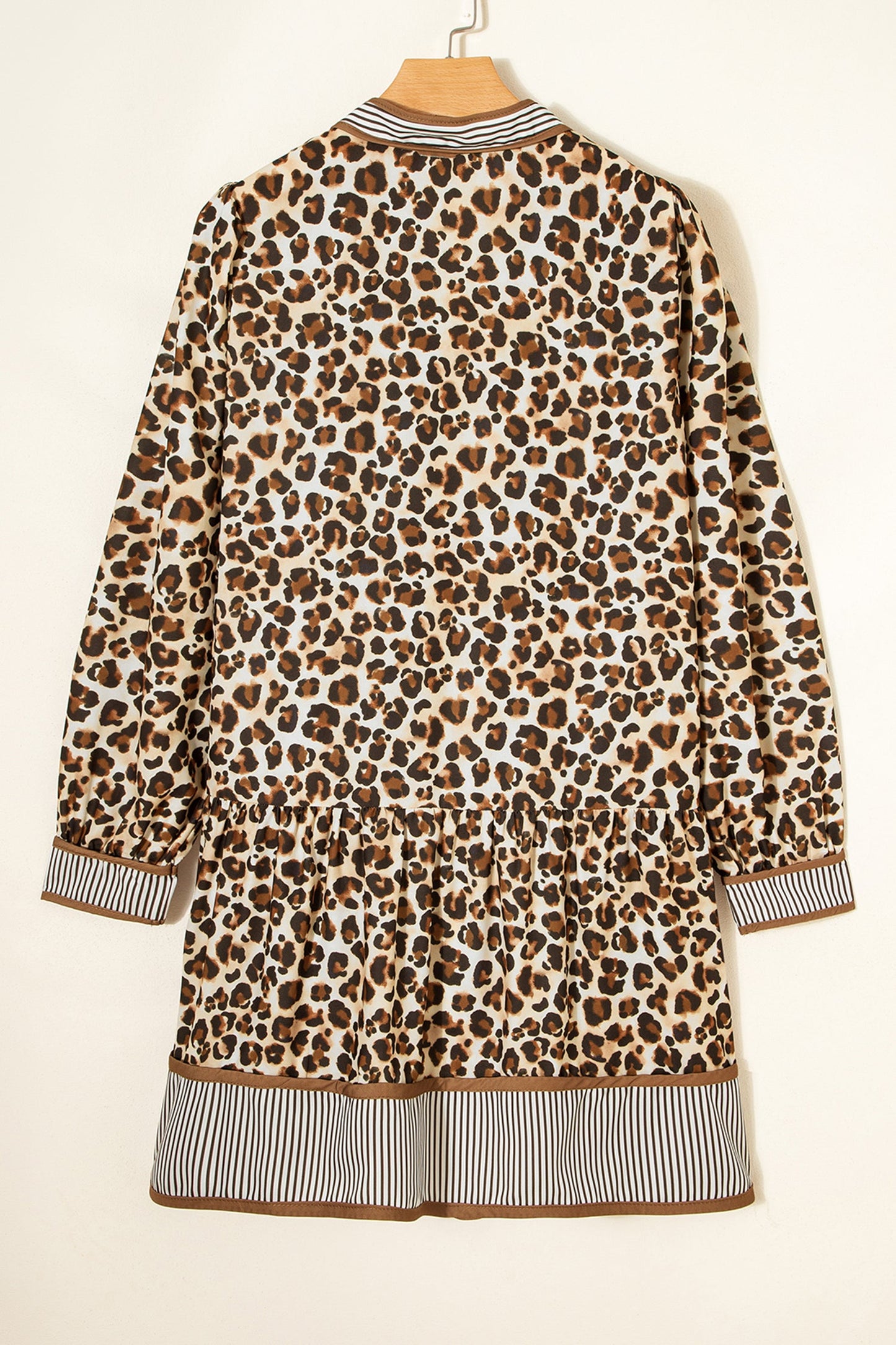Minivestido suelto de manga 3/4 con estampado de leopardo marrón a rayas y retazos