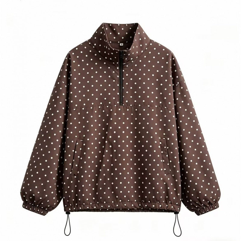 Fashionable Polka-dot Half-zip Loose-fit Hoodie Jacket
