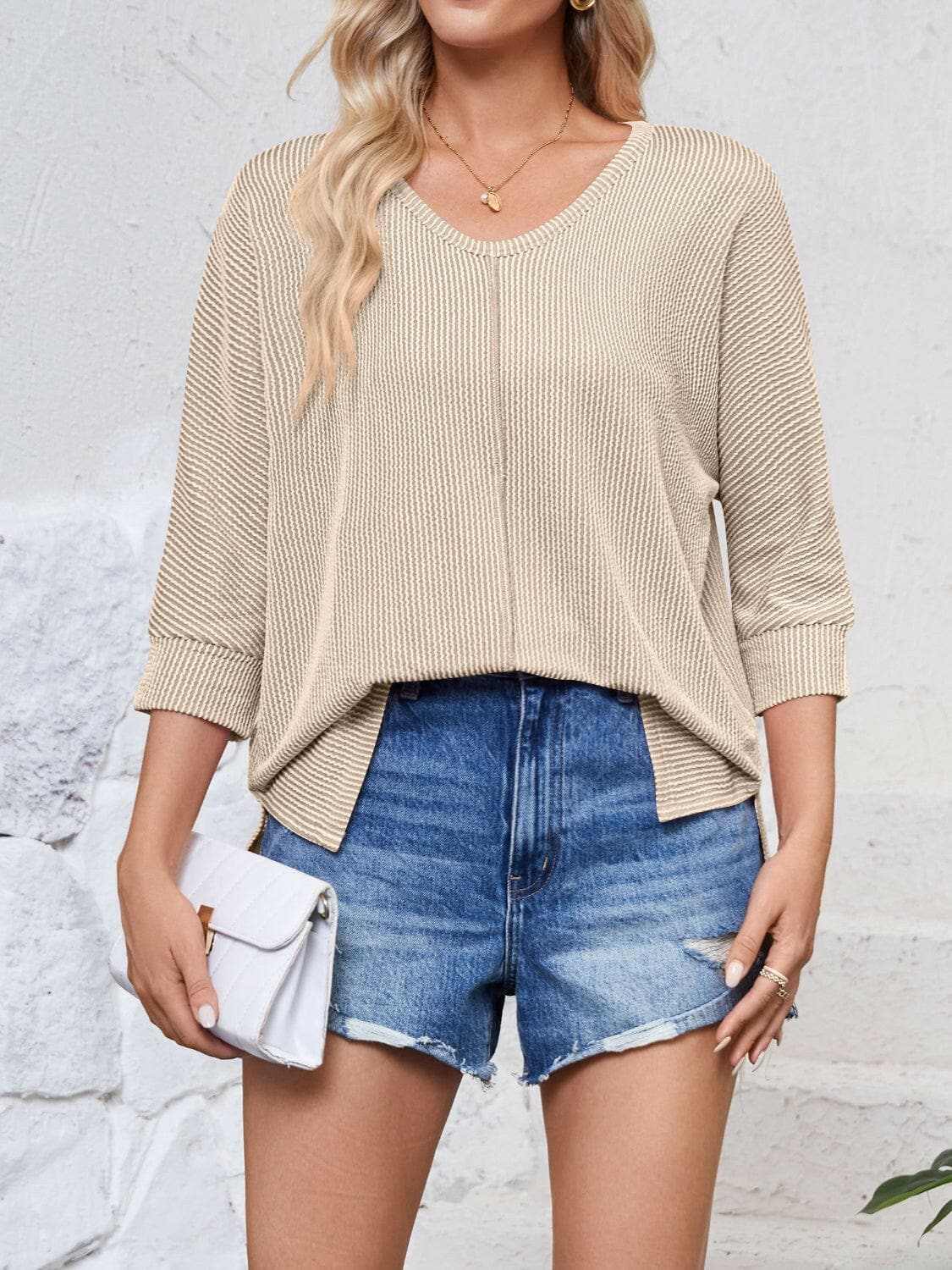 T-Shirts Trendsi just arrived - Textured 3/4 sleeve blouse