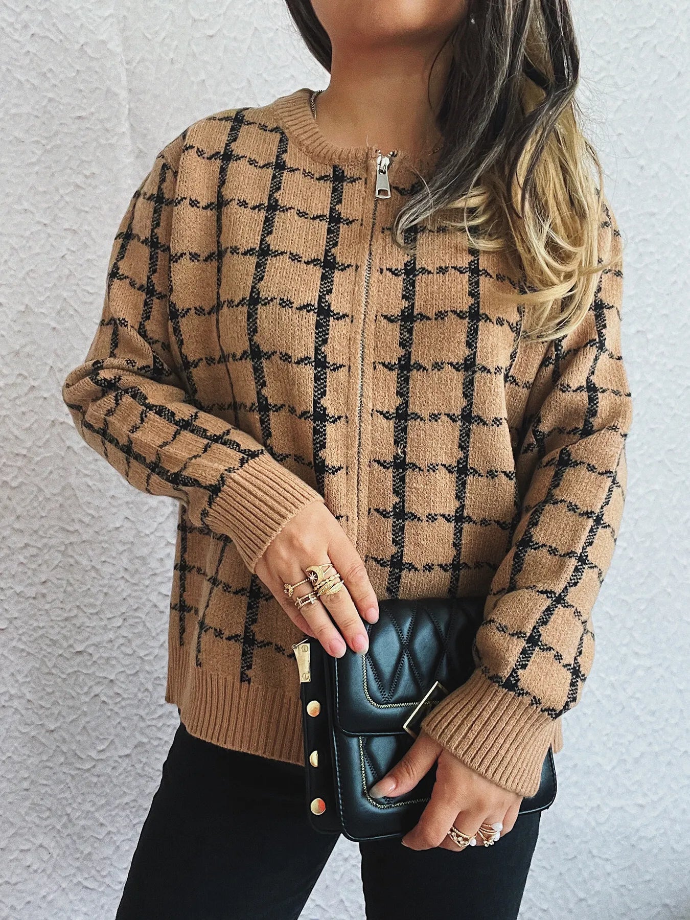 Plaid Pattern Zip Up Cardigan