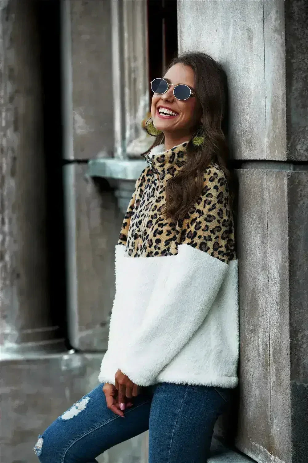 Leopard Print Half-Zip Teddy Sweatshirt for Women | Femstylo