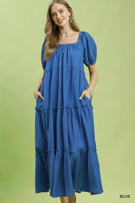 Umgee Textured Tiered Midi Dress in Blue