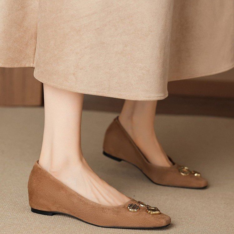 Women Square Toe Matte Suede Ballet Flats Irregular Gold Metal Ornament Decor Slip On Shallow Mouth Elegant Casual Daily Commuter Flat Shoes