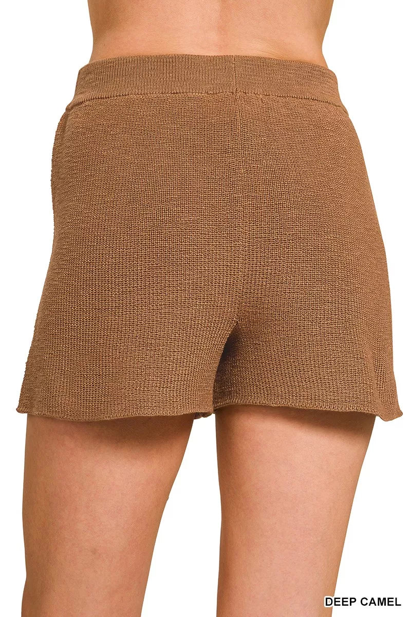 Zenana Round Neck Knit Top and Shorts Sweater Set in Camel
