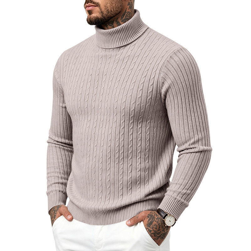 Mens Turtleneck Slim-Fit Vertical-Stripe Casual Long-Sleeve Sweater