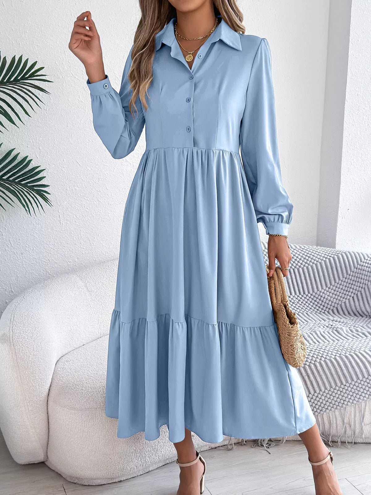 Long Sleeve Tiered Button Front Midi Dress