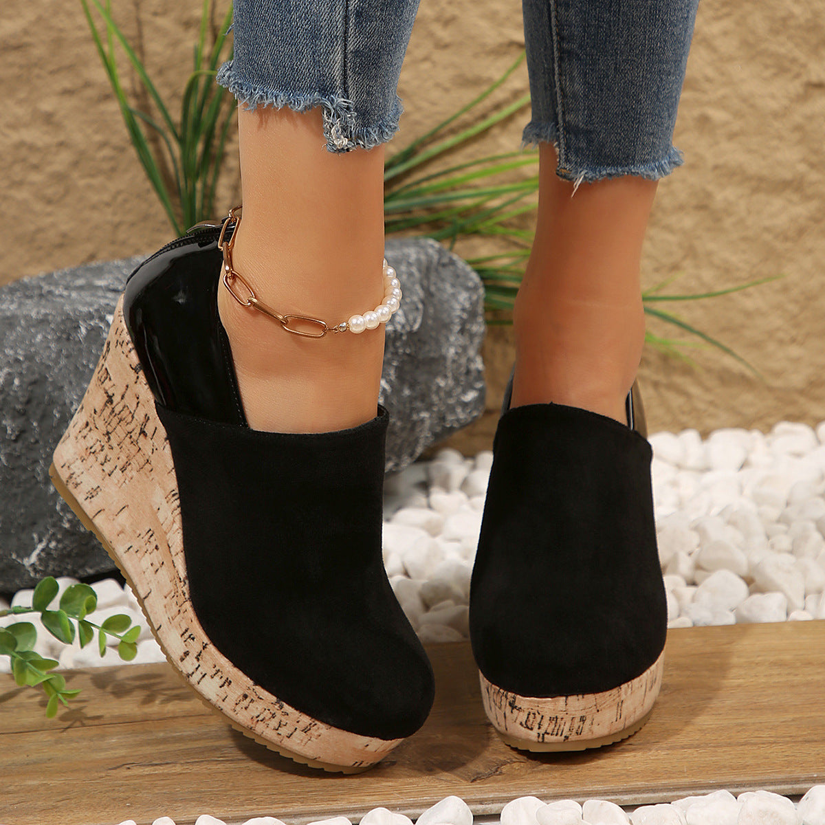 Women's Suede and Leather Patchwork Wedge Heels