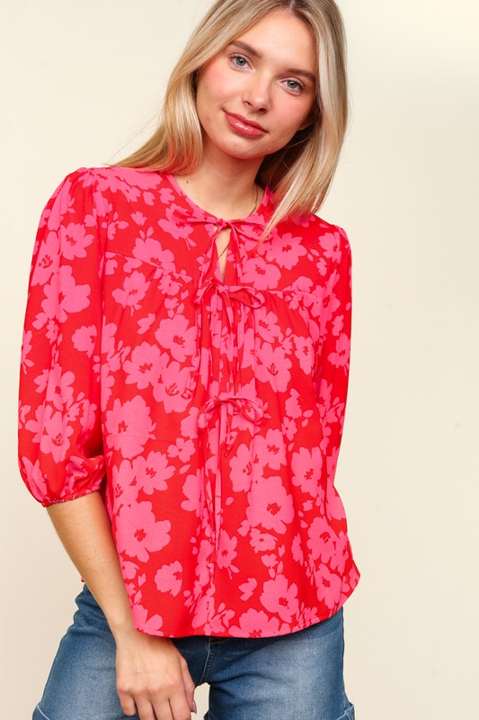 Haptics Blusa de Manga Globo con Lazo de Cinta Floral Talla Grande
