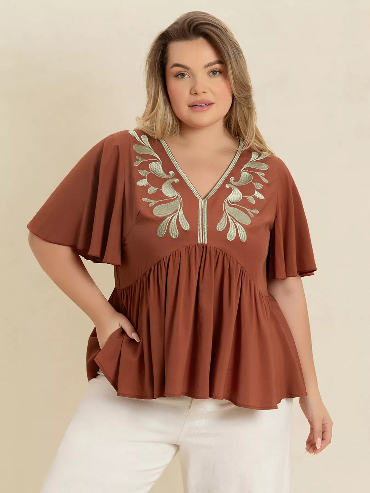 Plus Size Embroidered V-Neck Flutter Sleeve Blouse