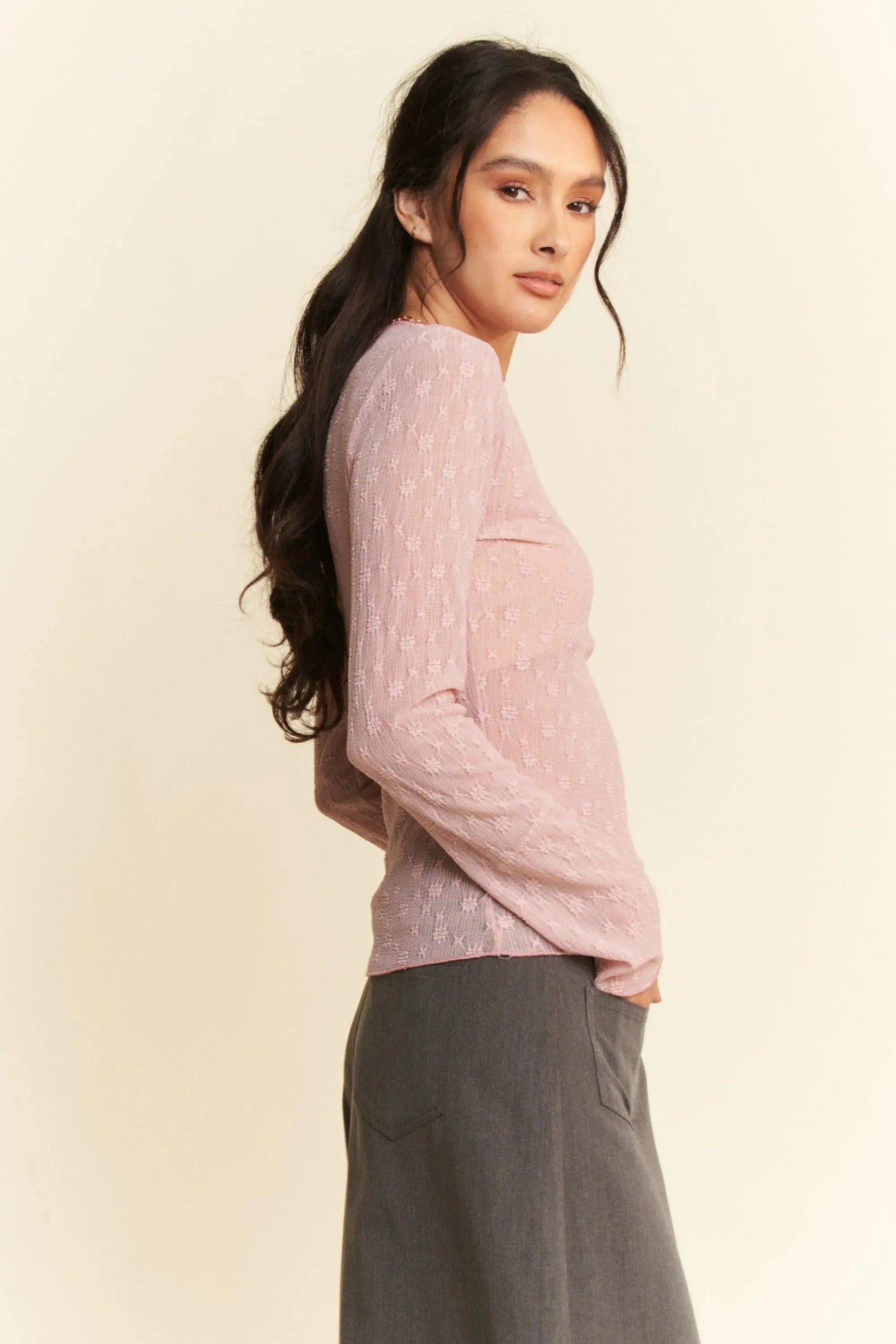 Women's Lace Top Sheer Lace Top - Embroidered Bows - Women's Long Sleeve
