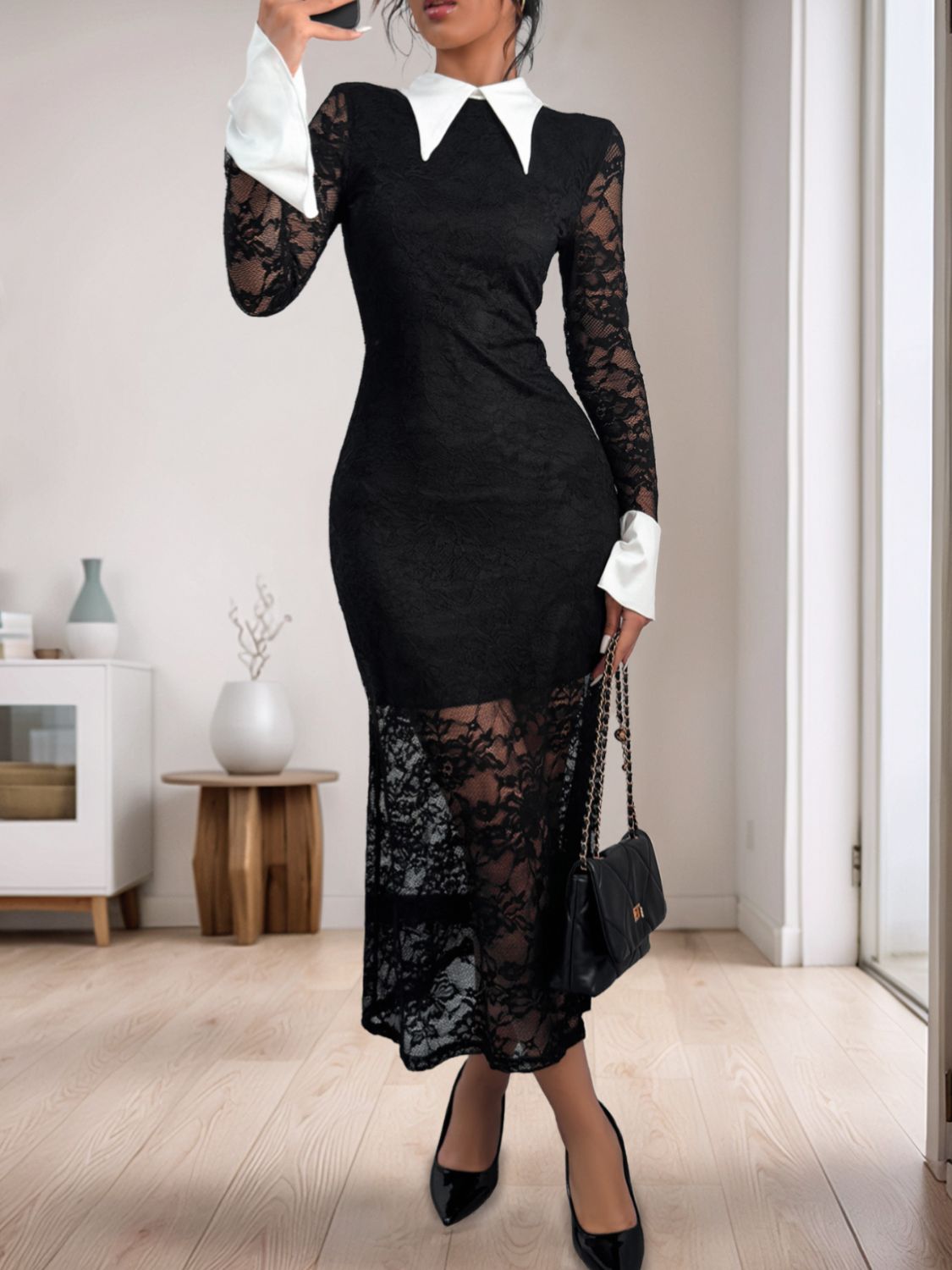 Vestido midi de manga larga con cuello y encaje en contraste Perfee