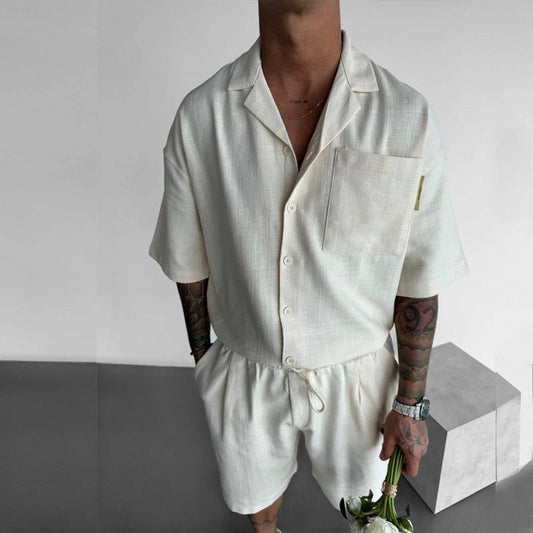 Traje de camisa de manga corta holgada con cuello polo y bolsillos