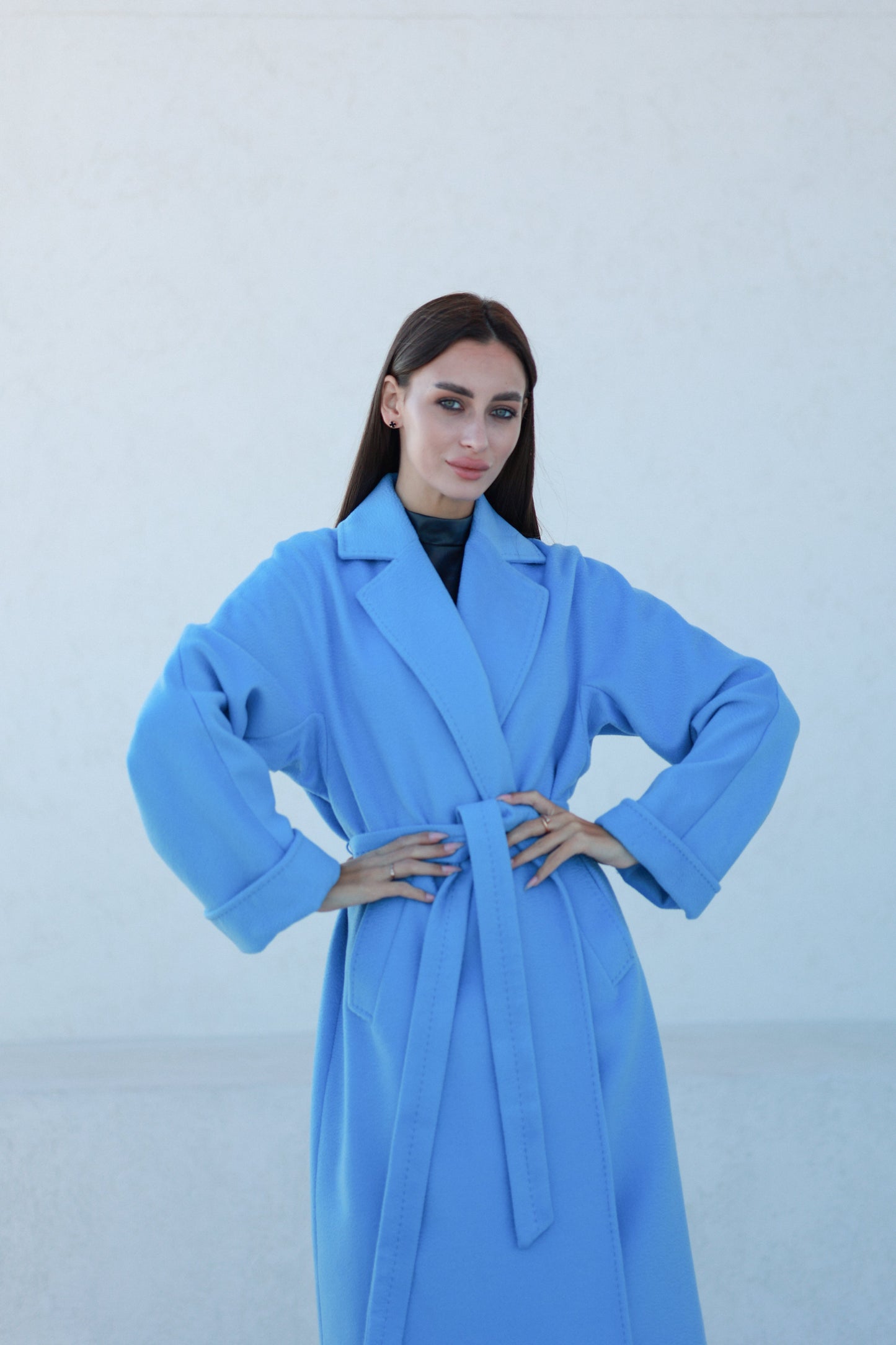 Abrigo Clásico de Mezcla de Lana y Cachemira Cepillada en Azul Celeste