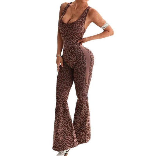 Mono Halter con Estampado de Leopardo, Cuello V, Espalda Descubierta y Corte Ajustado