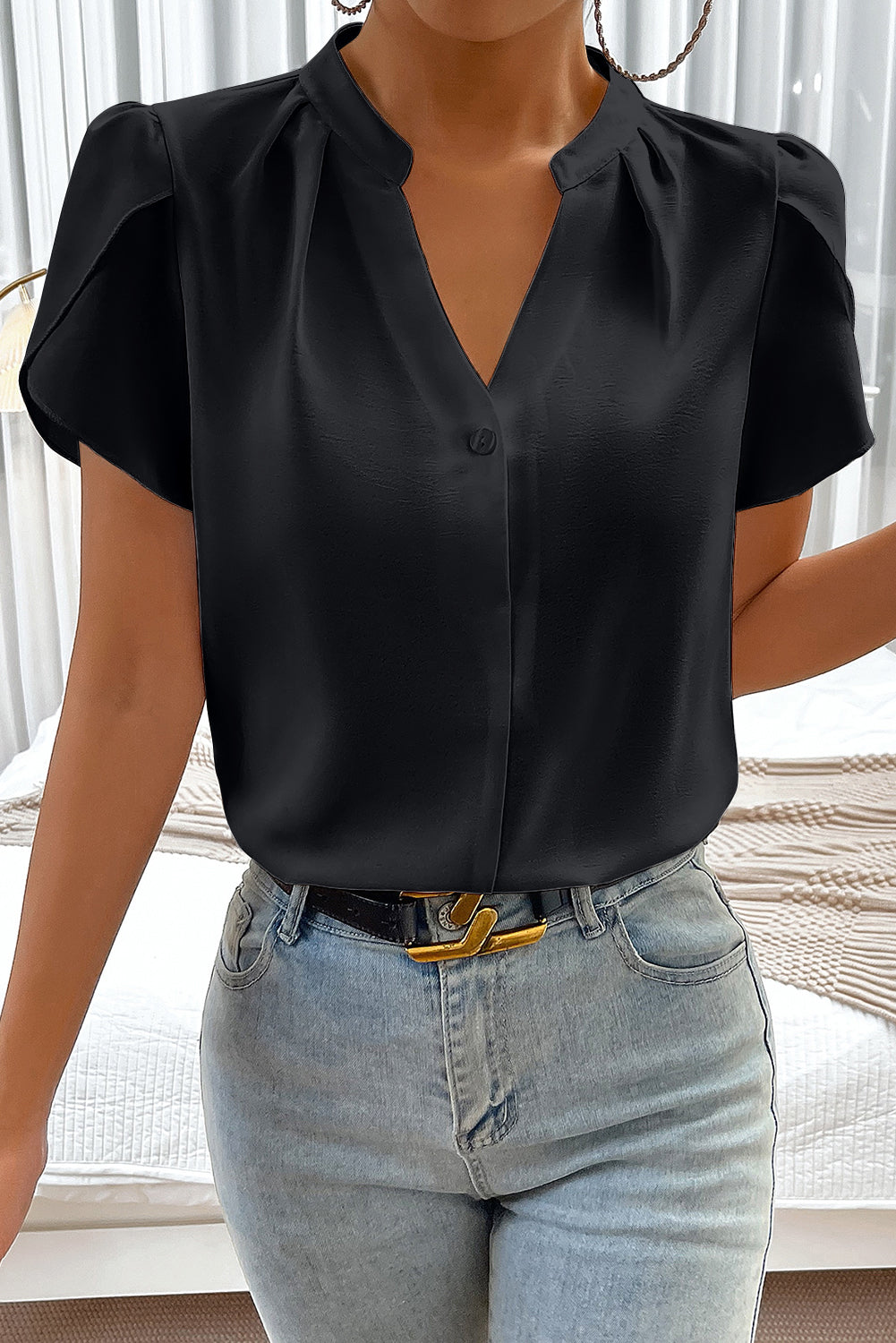 Rose Red Silky Notched Neckline Petal Sleeve Blouse