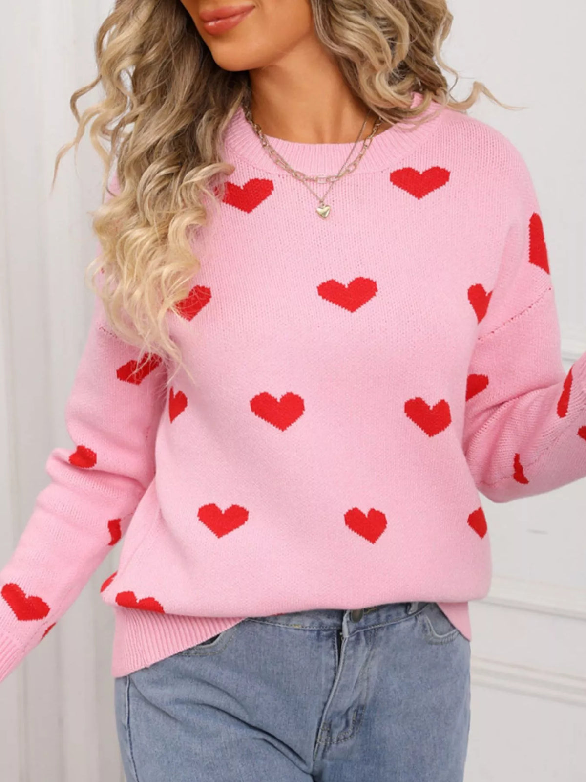Valentine's Day Heart Pattern Dropped Shoulder Sweater