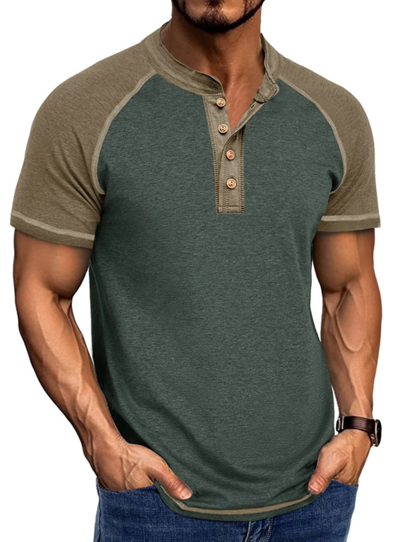 Camiseta Henley Raglán para Hombre con Bloques de Color