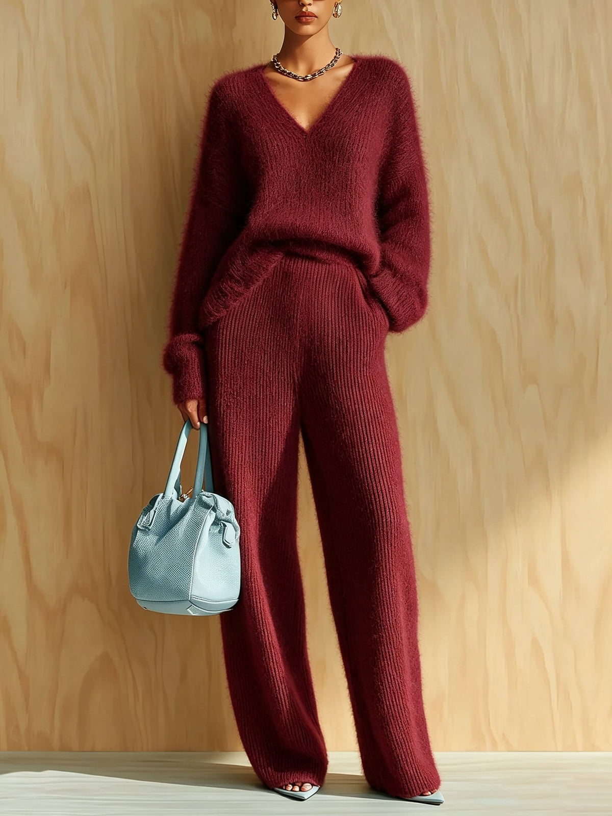 Women's Fluffy V-Neck Oversized Sweater & Wide-Rib Wide-Leg Knit Trouser Set