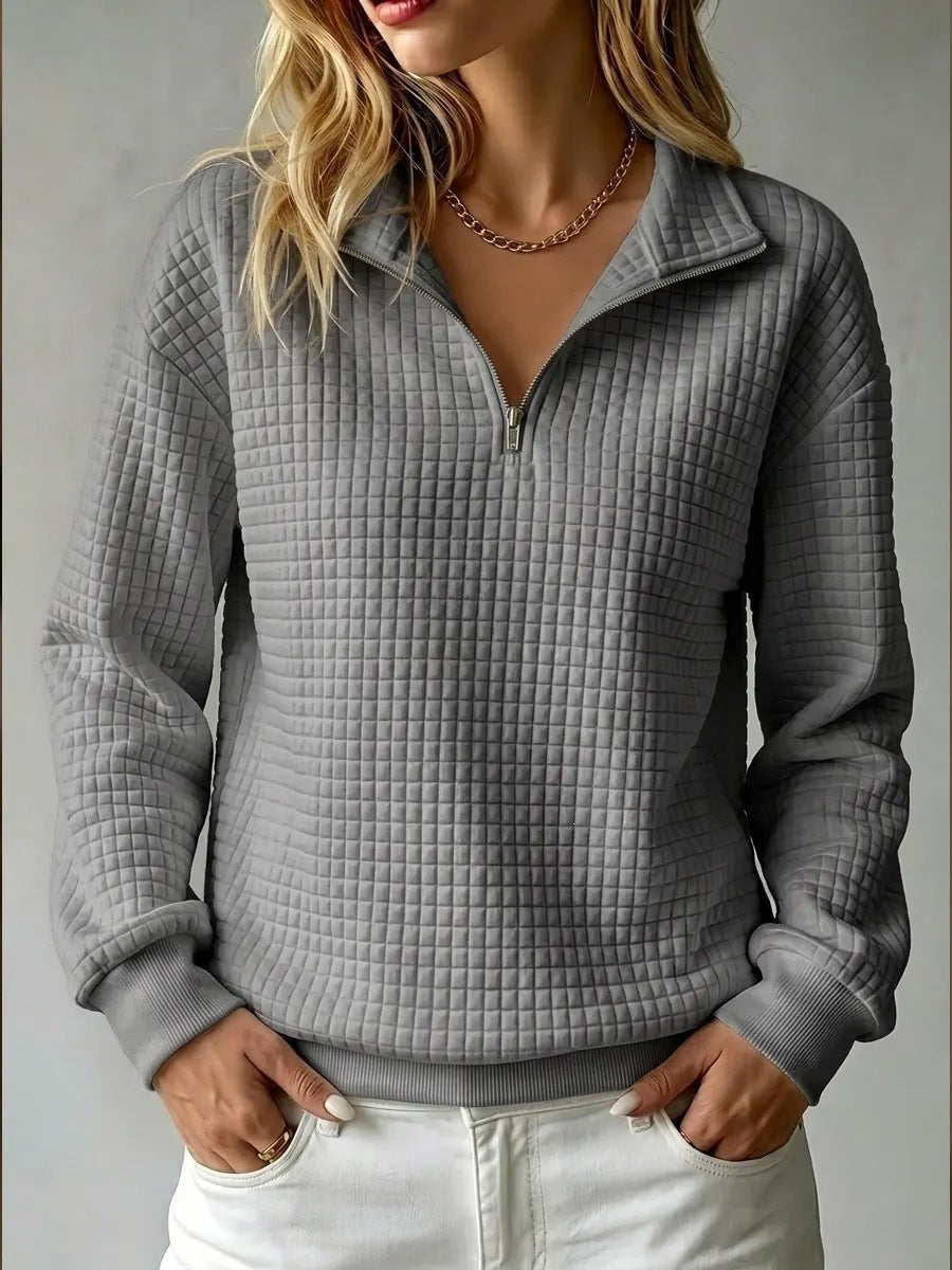 Loose-fit Waffle-knit Stand-collar Zip-up Long-sleeve Womens Sweatshirt