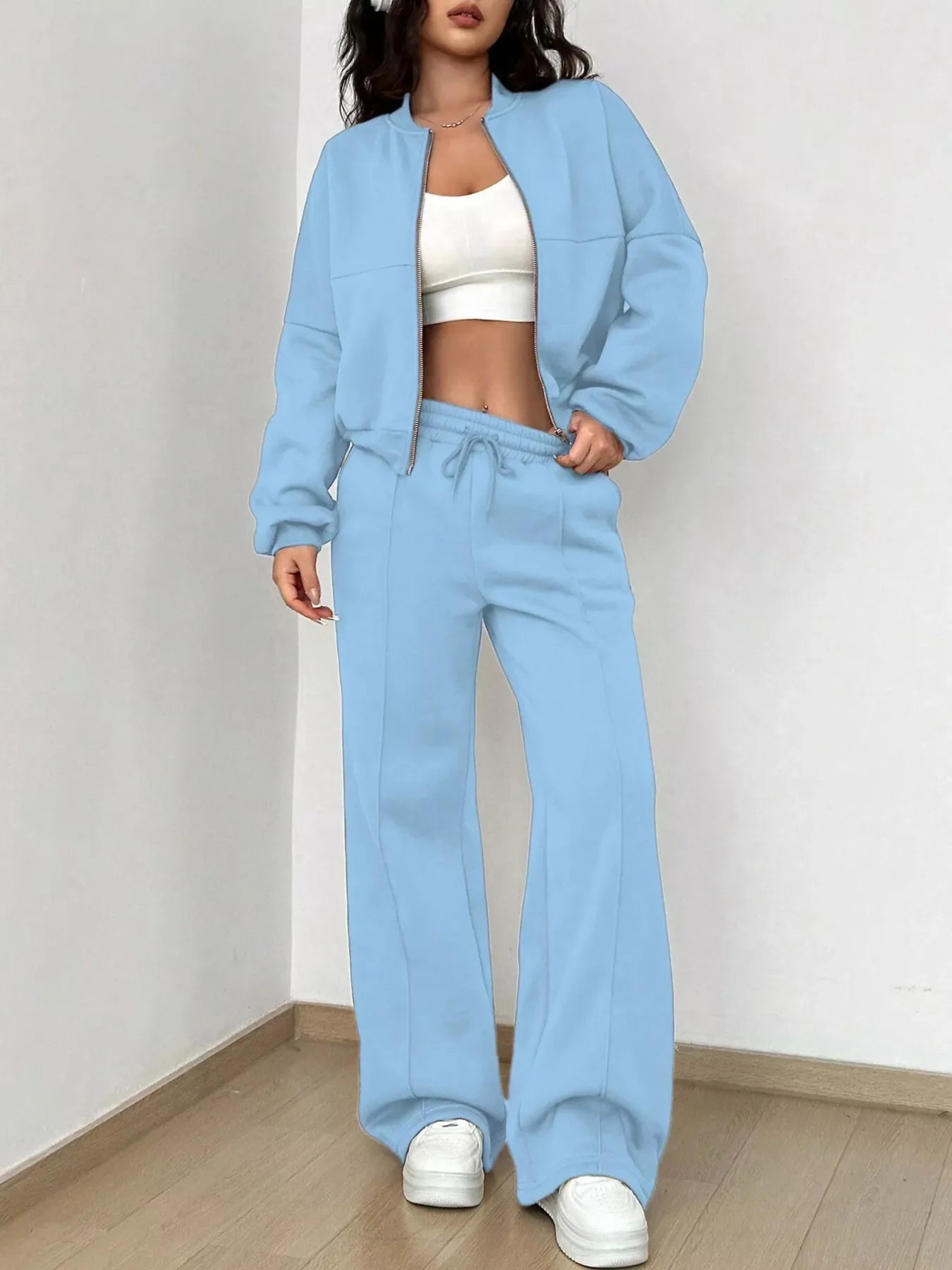 Conjunto de chaqueta con cremallera de color liso informal y pantalones de pernera ancha