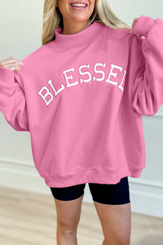 Sudadera extragrande de cuello alto rosa brillante con bordado "Blessed"