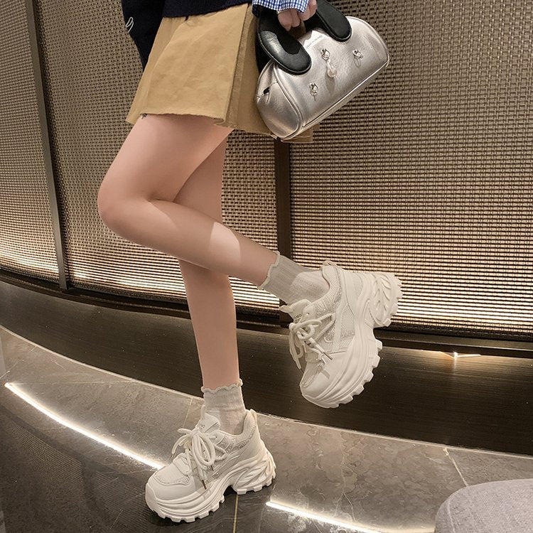 2026 New Arrival Platform Rhinestone Chunky Sneakers Women, Height Increasing 8.5cm Mesh Upper Breathable White Sneakers Versatile Casual Shoes