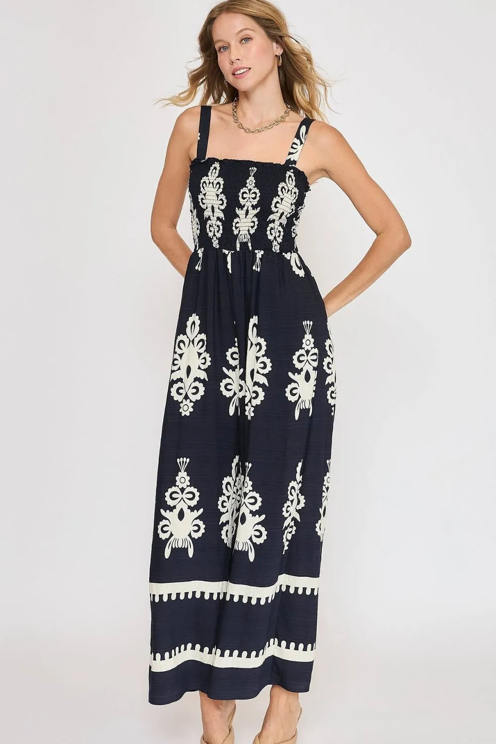 Umgee Full Size Smocked Printed Wide Leg Jumpsuit Plus Size