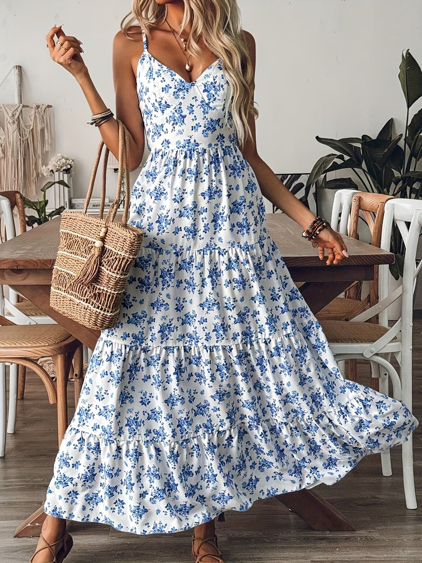 Maxivestido floral sin espalda para mujer – Vestido de tirantes con lazo y falda fluida
