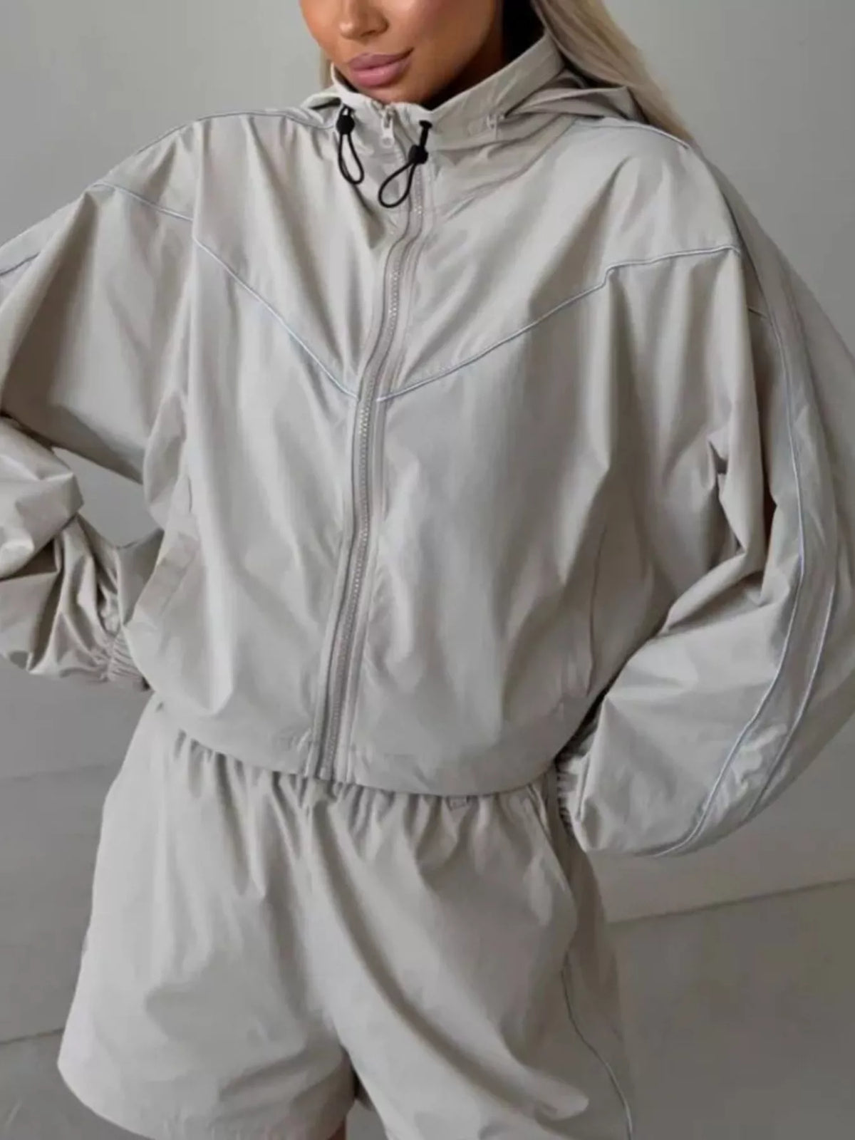 Drawstring Zip-Up Jacket and Shorts Set