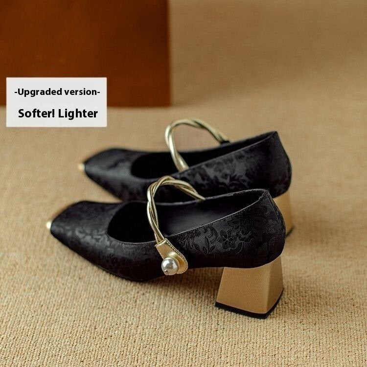 Embossed Silk Kitten Heels with Pearl Strap