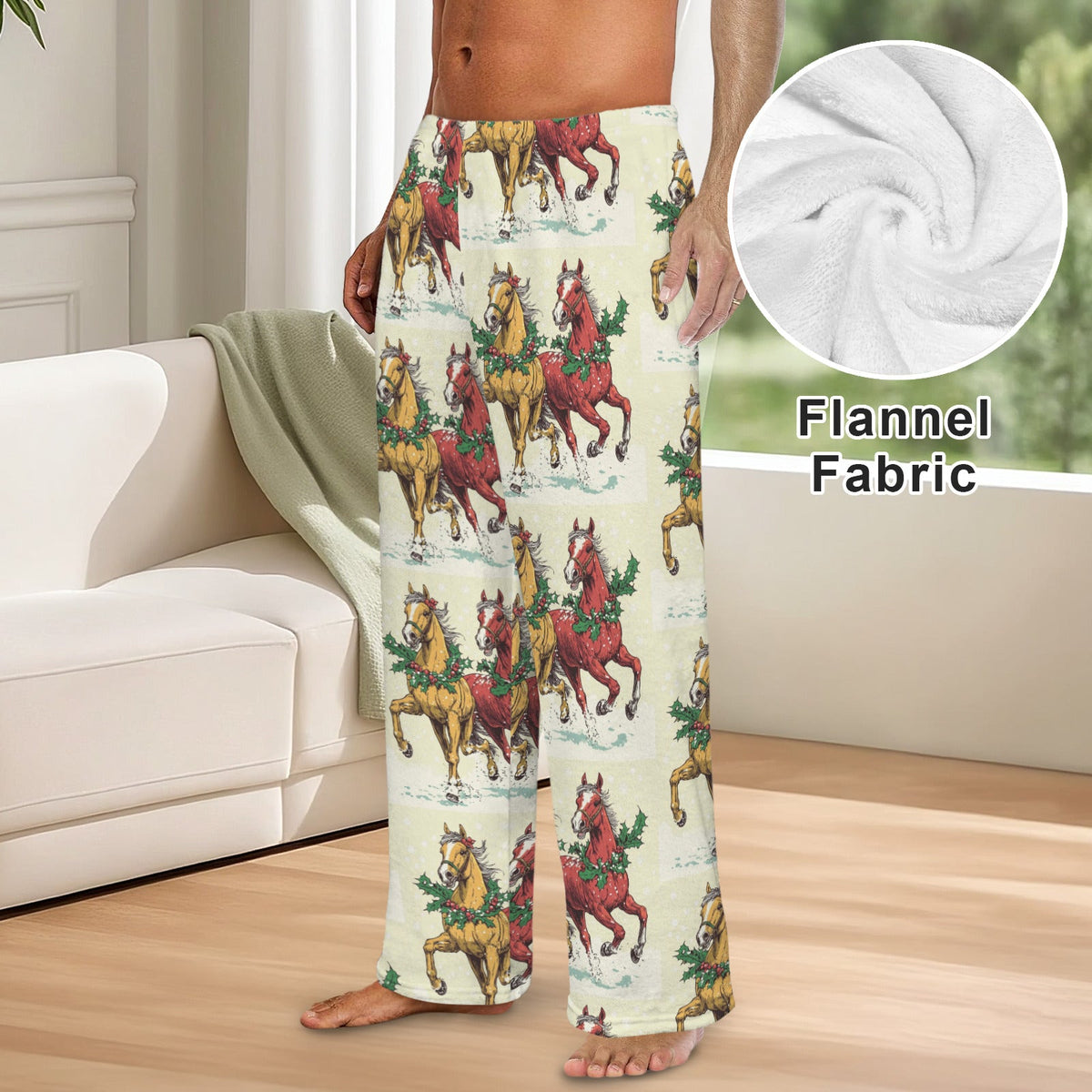 Horses at Christmas Men's Flannel Pajama Trousers (Made in the USA)