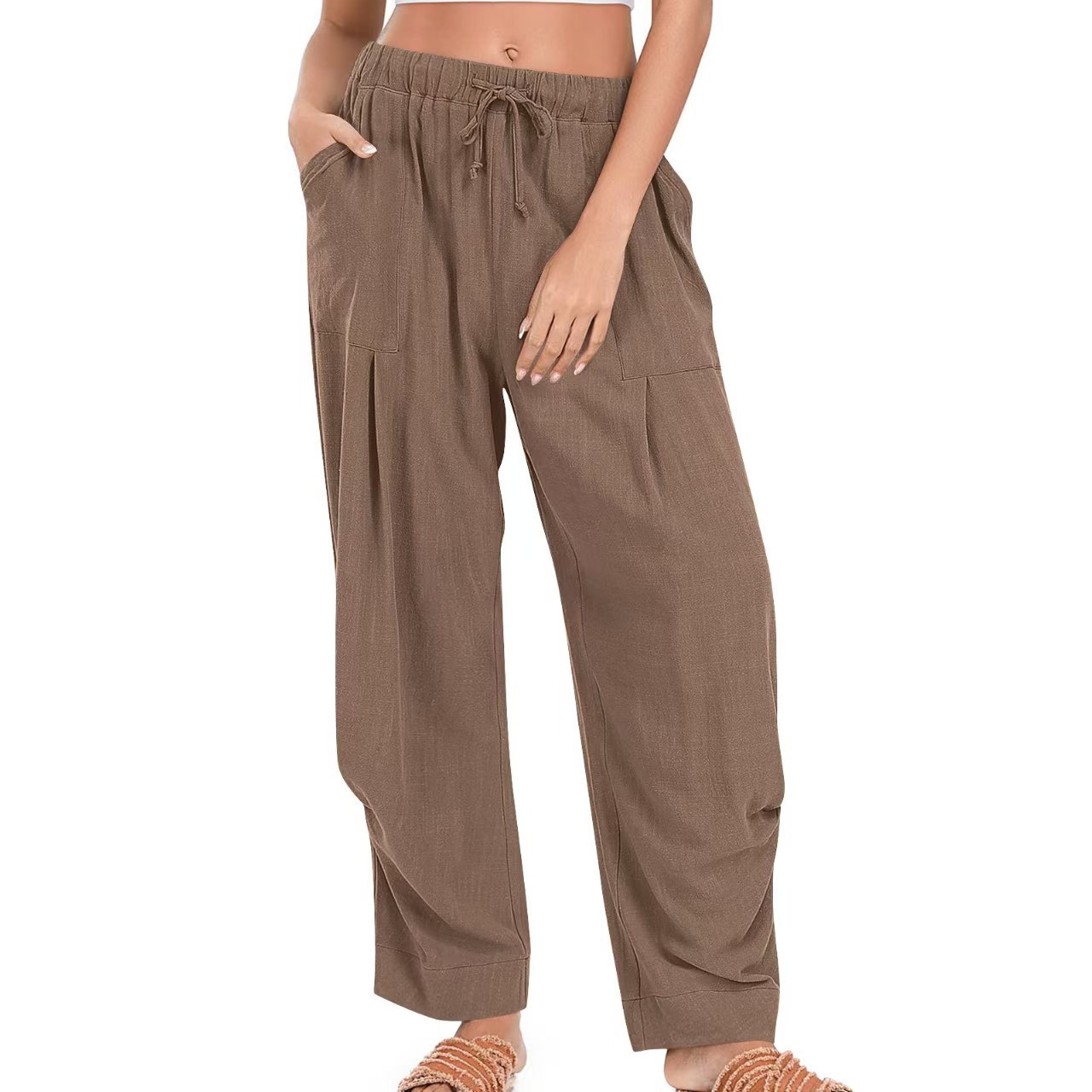 Womens Solid-Color Cotton-Linen Casual Loose Straight Pockets Lounge Pants With Drawstring See size chart under “more details”