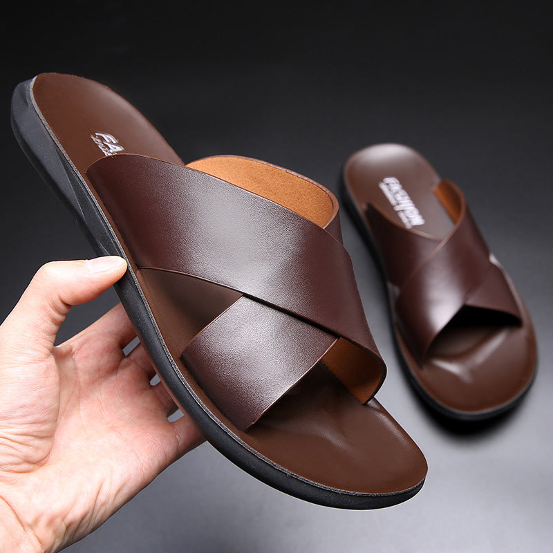 New Wholesale Leather Slippers For Men, Indoor And Outdoor Soft Leather Trendy Men's Sandals, Non-slip Slip-on Men's Beach Shoes