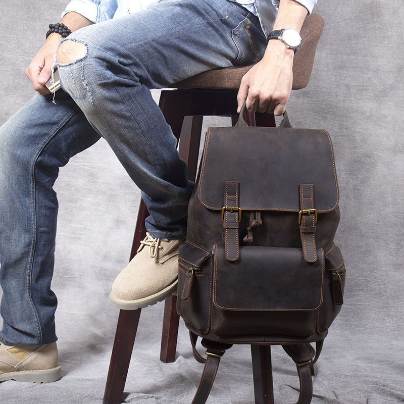 Retro Crazy Horse Leather Men's First Layer Cowhide Backpack