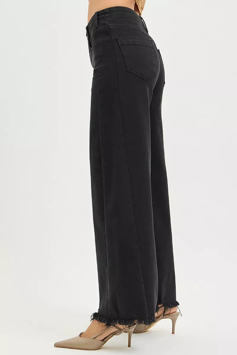 RISEN Tummy Control High Rise Palazzo Leg Frayed Hem Jeans