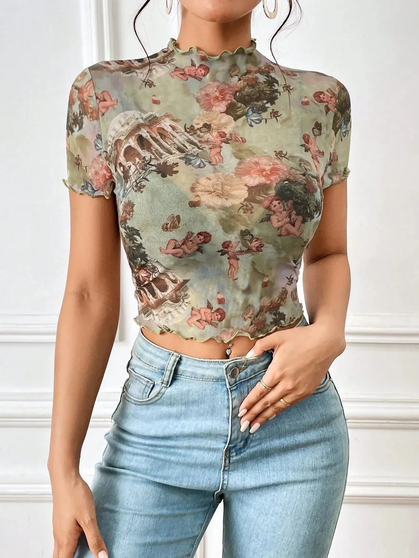 Abstract Print Ruffled Mock Neck Crop T-Shirt | Trendy Streetwear – Bona Fide Fashion