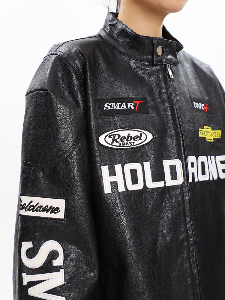 Women's Loose Letter Racing Motorcycle Jacket See size chart under “more details”