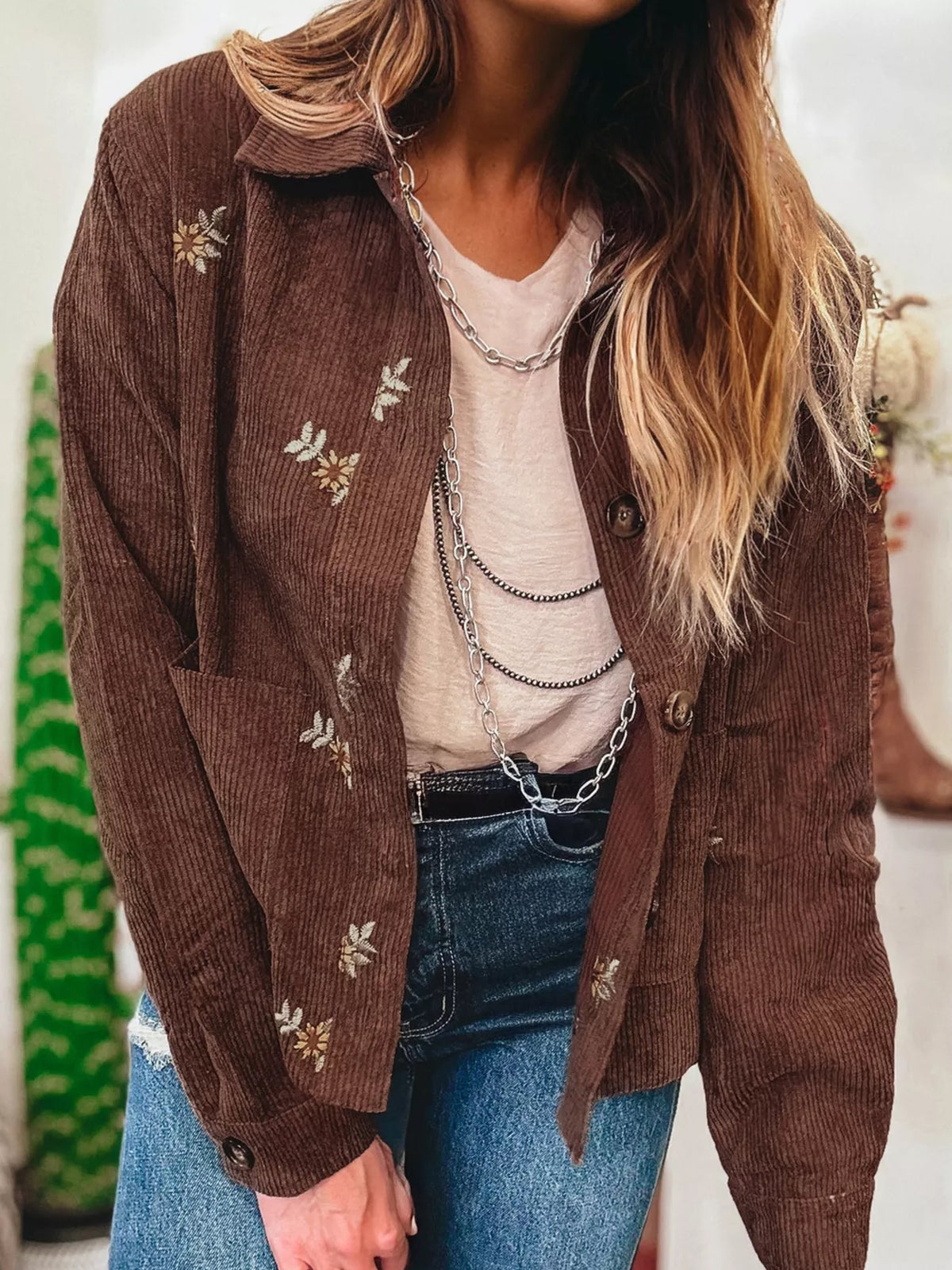 Floral Embroidered Collar Button Front Corduroy Jacket