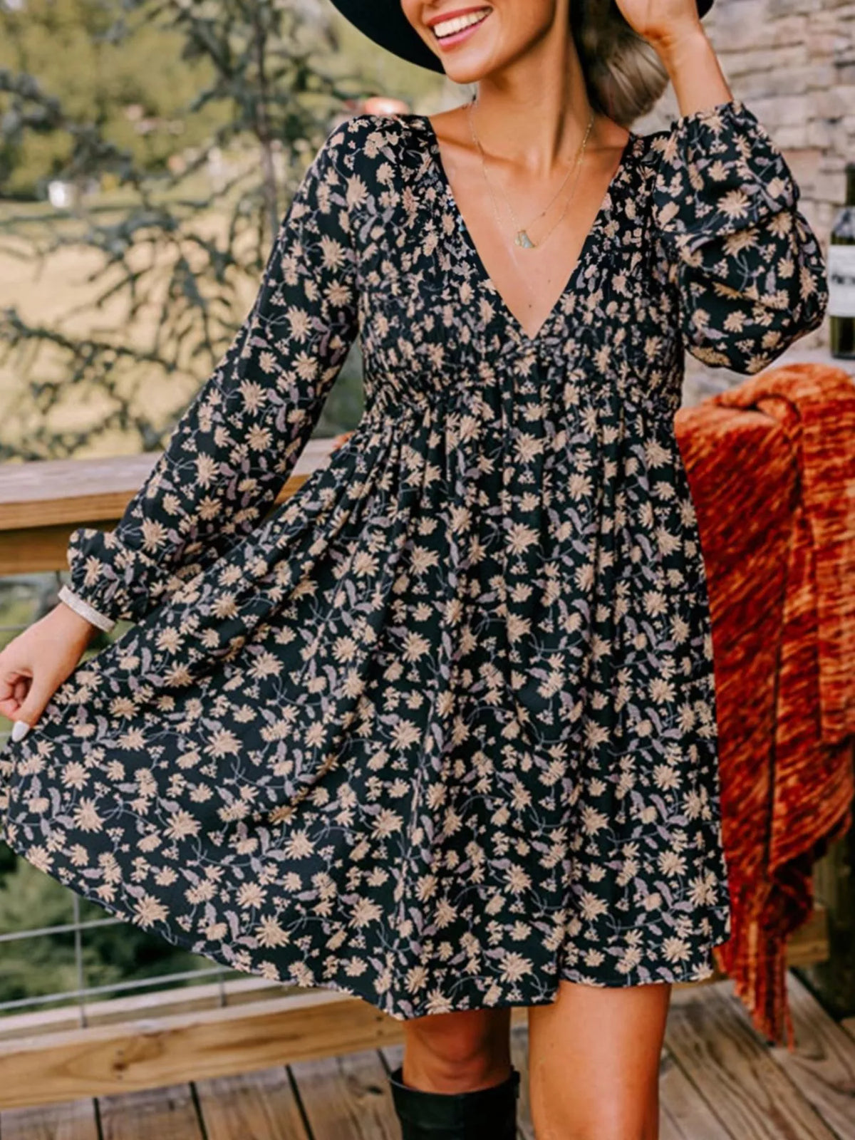 Floral Deep V Neck Smocked Bust Bubble Sleeve Babydoll Dress