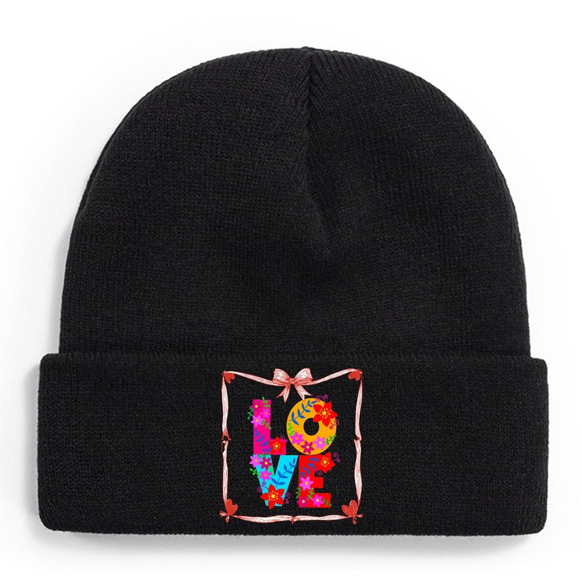 Floral LOVE Faux Knit Warm Winter Beanie Hat (Made in USA)