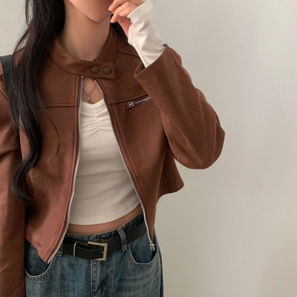 High Waist Short Jacket Suede Motorcycle Top