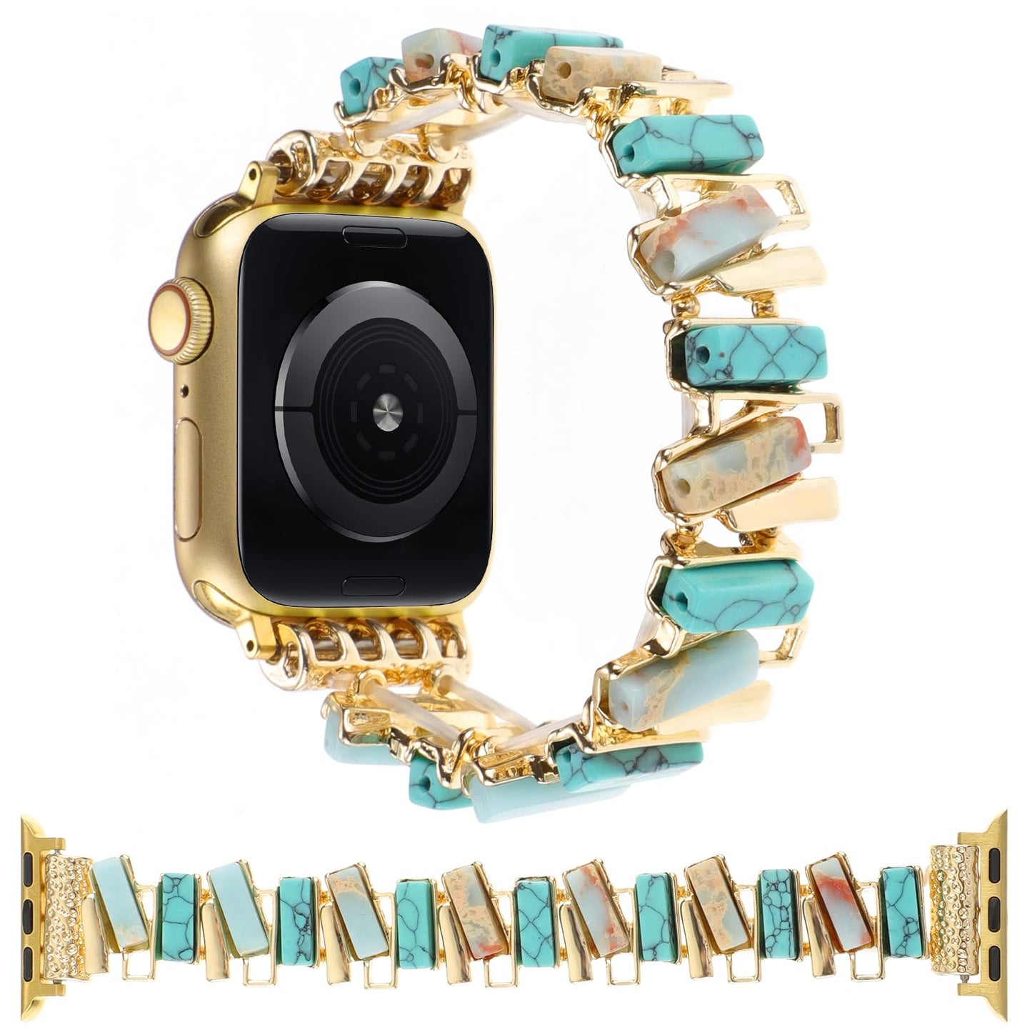 YOSWAN Boho Stone Bracelet Compatible with Apple Watch Band 41/40/38/42/44/45/49mm Women Handmade Stretchy Solo Loop Natural Stone Beaded Strap for iWatch Series 9 8 7 6 5 4 3 2 1 SE/Ultra (42/44/45/49mm-L(6.5"-7.5") Turquoise/Gold)