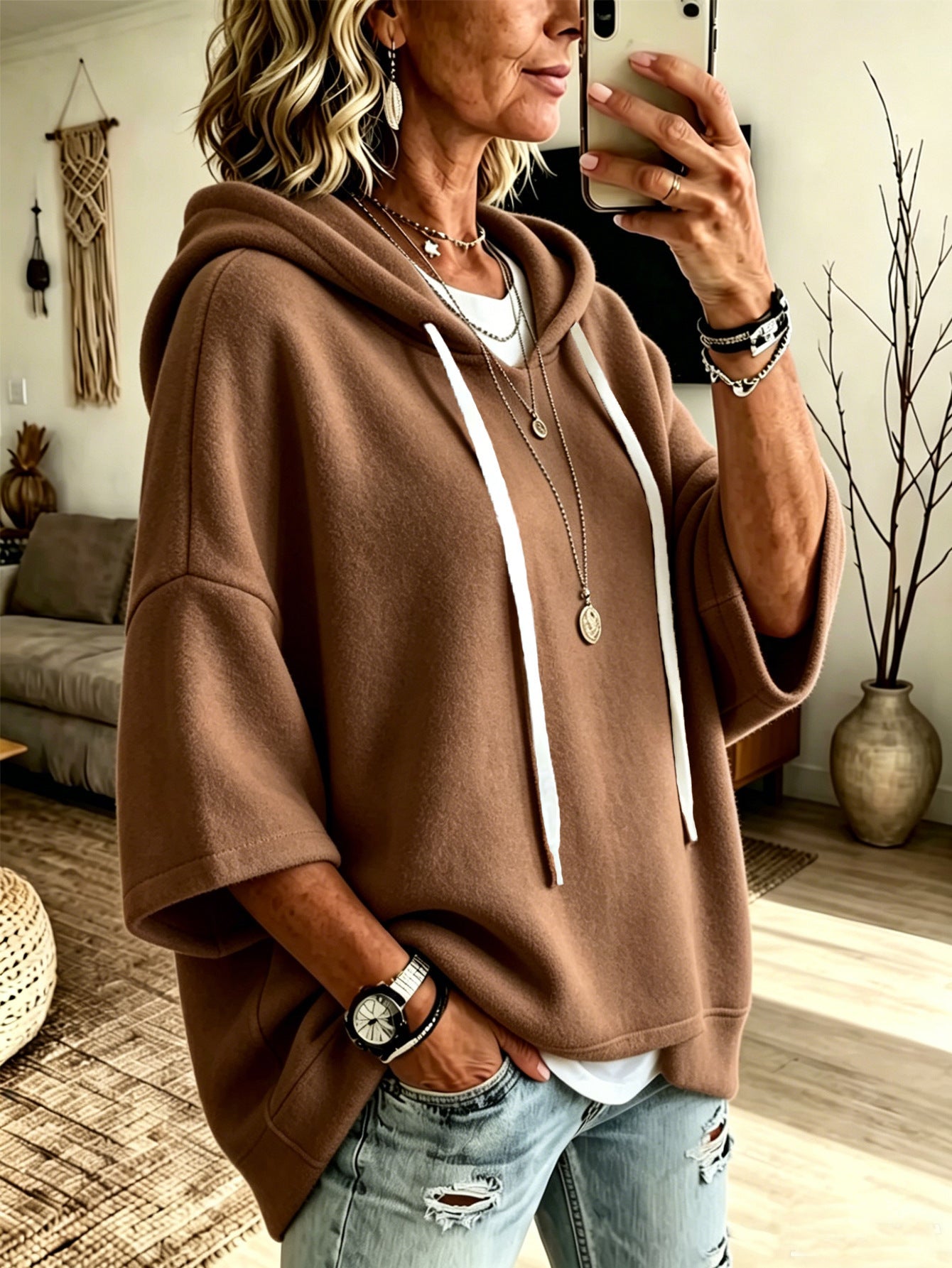 Women's Oversized Batwing Sleeve Hoodie – Loose Fleece Pullover
