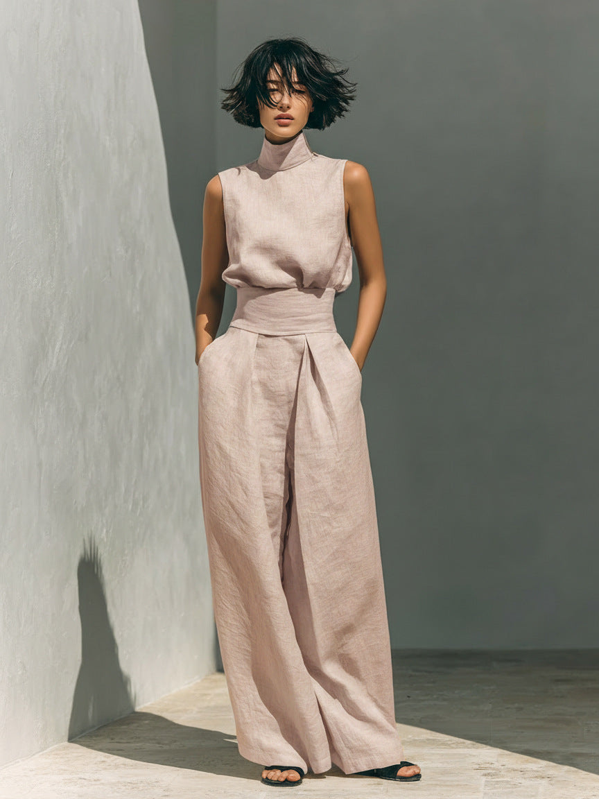 Conjunto de dos piezas de algodón y lino para mujer – Top sin mangas y pantalón de pierna ancha