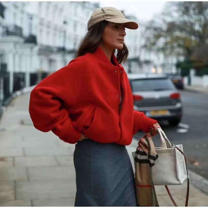 Womens Fashionable Round-Neck Solid-Color Wool Coat